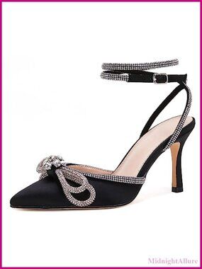 Women's Double Bow Pointed Toe Ankle Strap Satin Stiletto Heeled Sandals